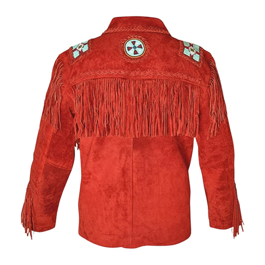 Red Women’s Western Fringe Leather Jacket With Eagle Beads NLS-005