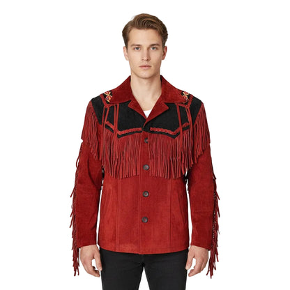 Red Western Suede Leather Fringe Beaded Cowboy Jacket NLS-051