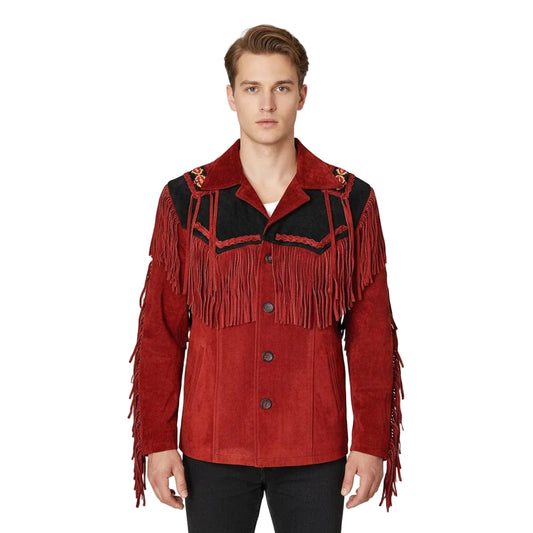 Red Western Suede Leather Fringe Beaded Cowboy Jacket NLS-051