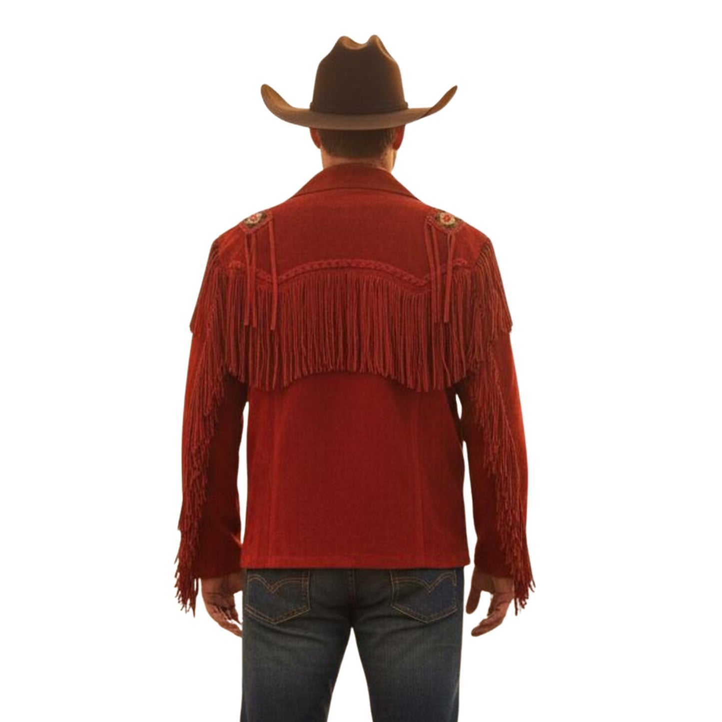 Red Western Suede Leather Fringe Beaded Cowboy Jacket NLS-052