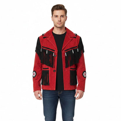 Red Western Suede Leather Fringe Eagle Beaded Cowboy Jacket NLS-049