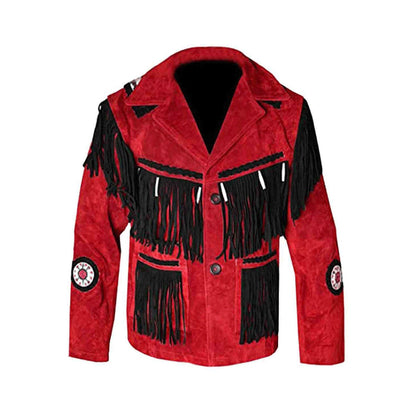Red Western Suede Leather Fringe Eagle Beaded Cowboy Jacket NLS-049