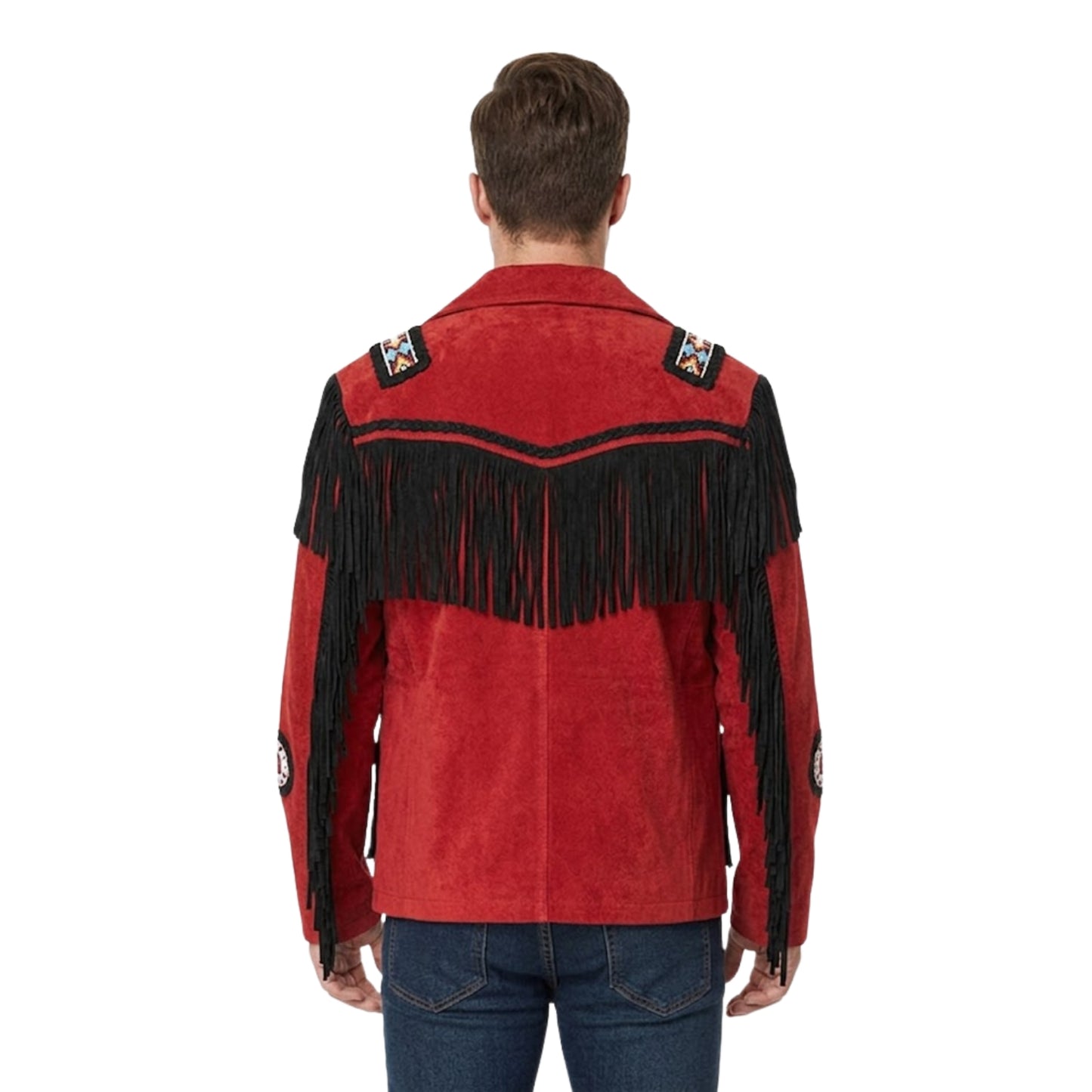 Red Western Suede Leather Fringe Eagle Beaded Cowboy Jacket NLS-049
