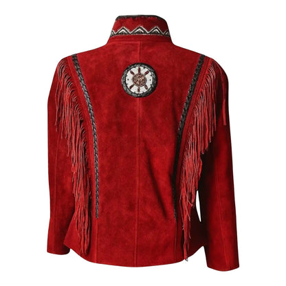 Red Women’s Western Fringe Leather Jacket NLS-003