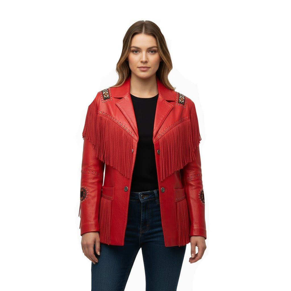 Red Women’s Western Fringe Leather Jacket NLS-006