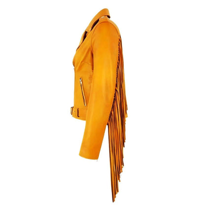 Tan Women’s Western Leather Fringe Biker Jacket NLS-001