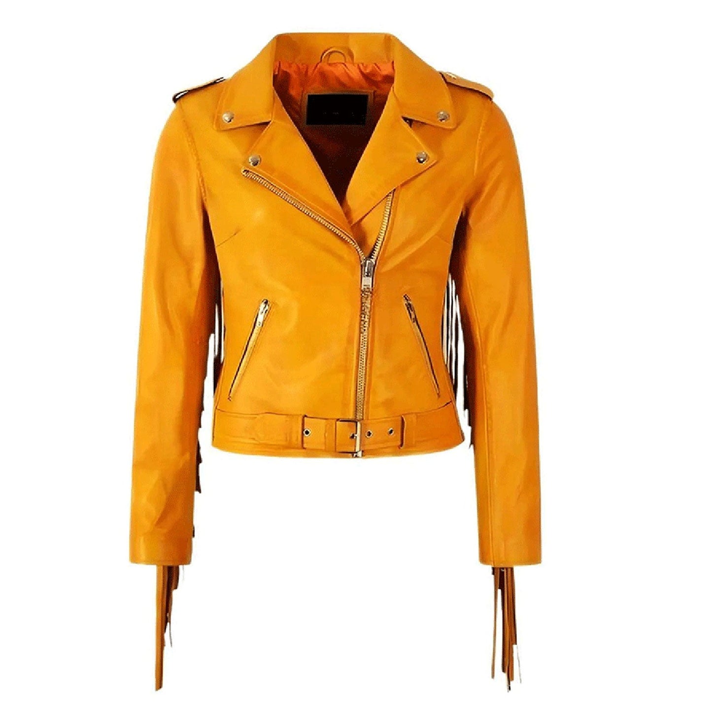 Tan Women’s Western Leather Fringe Biker Jacket NLS-001