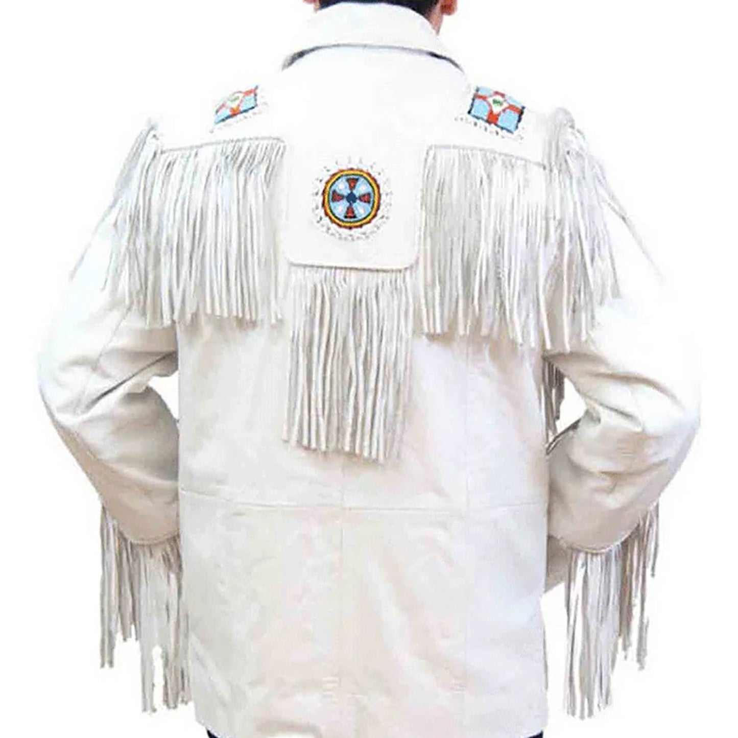 White Western Fringe Eagle Beaded Leather Cowboy Jacket NLS-044