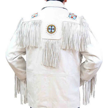 White Western Fringe Eagle Beaded Leather Cowboy Jacket NLS-044