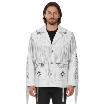 White Western Leather Fringe Beaded Leather Cowboy Jacket NLS-039