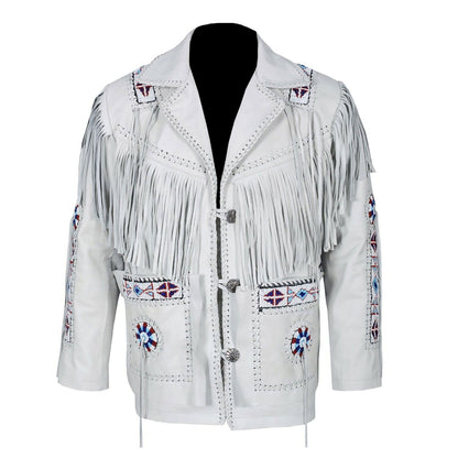White Western Leather Fringe Beaded Leather Cowboy Jacket NLS-039