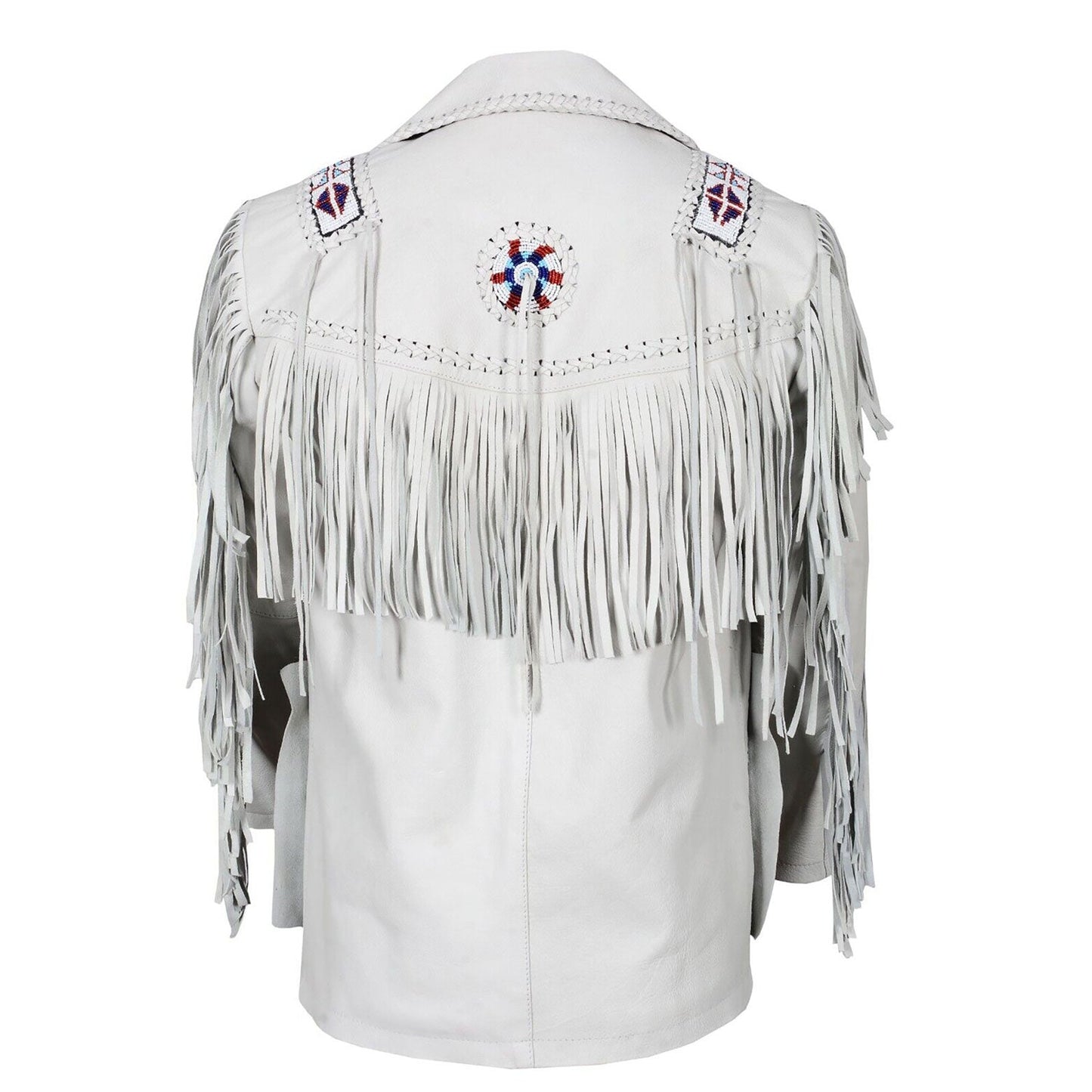 White Western Leather Fringe Beaded Leather Cowboy Jacket NLS-039