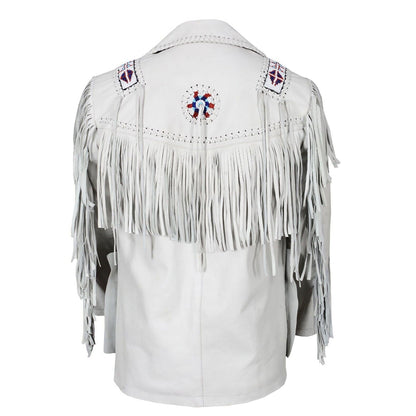 White Western Leather Fringe Beaded Leather Cowboy Jacket NLS-039