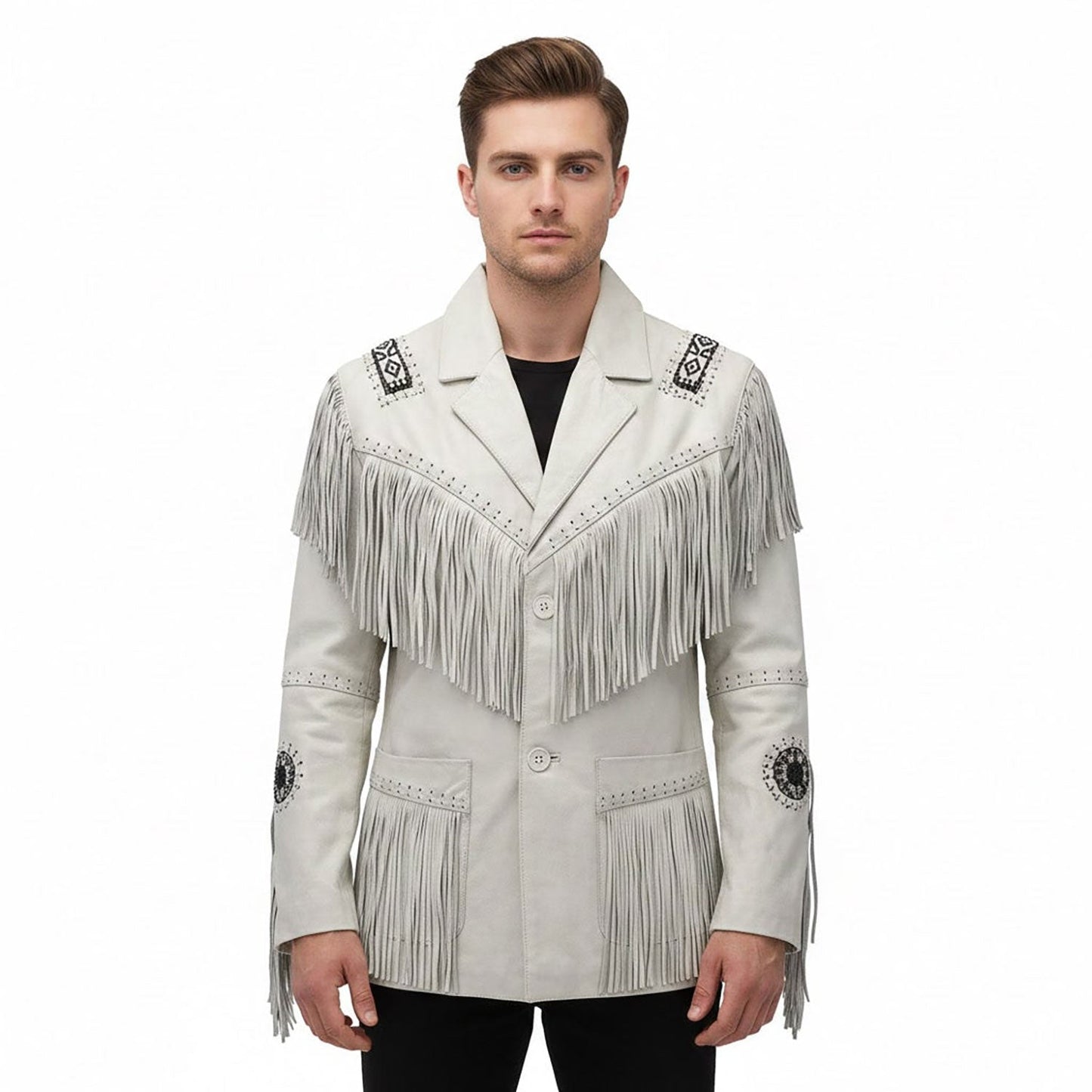White Western Leather Fringe Beaded Leather Cowboy Jacket NLS-041