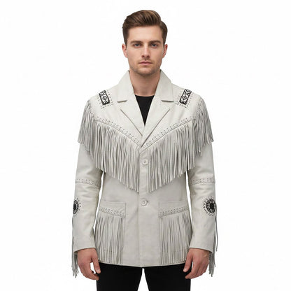 White Western Leather Fringe Beaded Leather Cowboy Jacket NLS-041