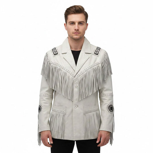 White Western Leather Fringe Beaded Leather Cowboy Jacket NLS-041