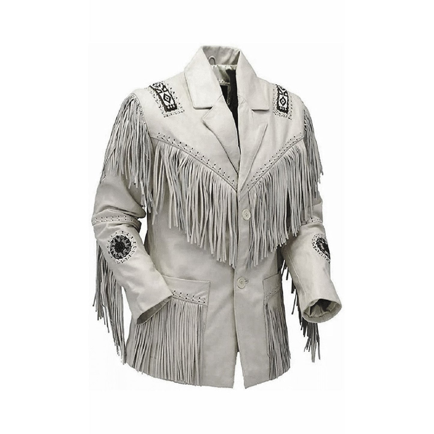 White Western Leather Fringe Beaded Leather Cowboy Jacket NLS-041