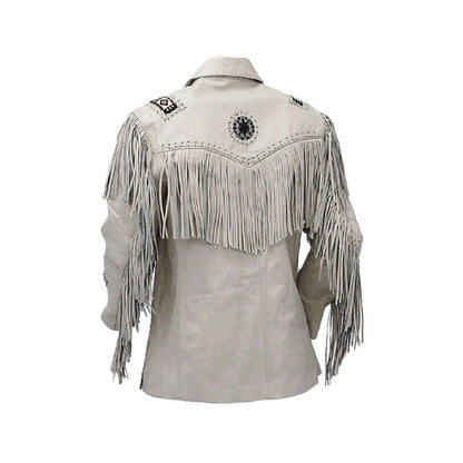 White Western Leather Fringe Beaded Leather Cowboy Jacket NLS-041