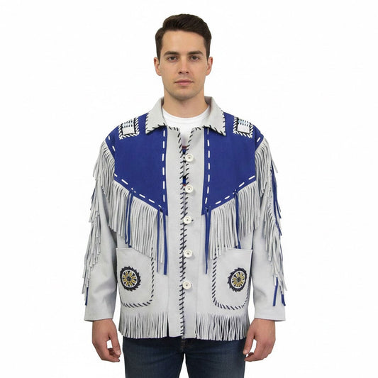White Western Leather Fringe Beaded Leather Cowboy Jacket NLS-042