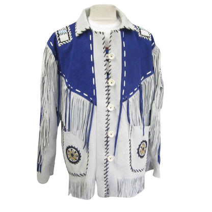 White Western Leather Fringe Beaded Leather Cowboy Jacket NLS-042