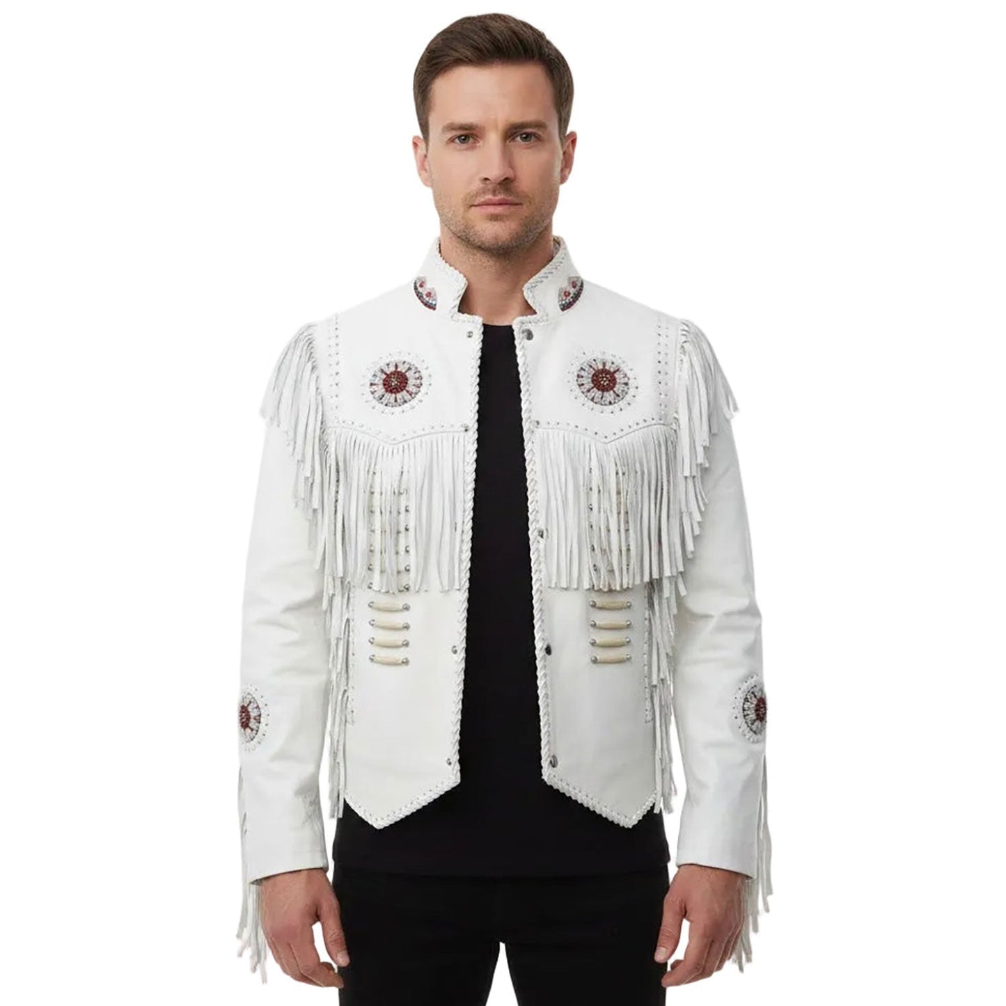 White Western Leather Fringe Bone Beaded Leather Cowboy Jacket NLS-038