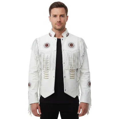 White Western Leather Fringe Bone Beaded Leather Cowboy Jacket NLS-038