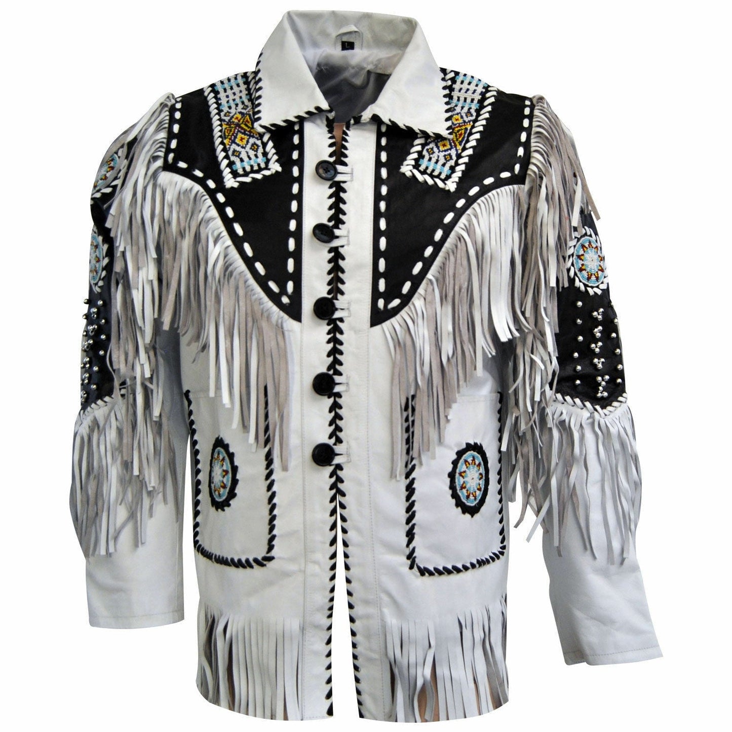 White Western Fringe Beaded Leather Cowboy Jacket NLS-045