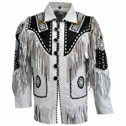White Western Fringe Beaded Leather Cowboy Jacket NLS-045
