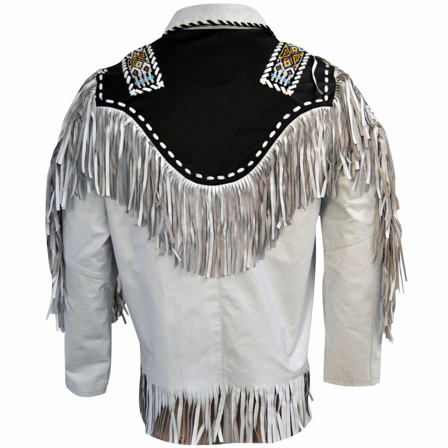 White Western Fringe Beaded Leather Cowboy Jacket NLS-045
