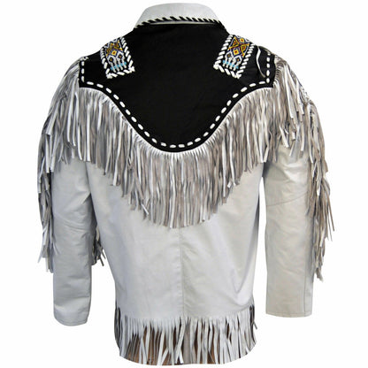 White Western Fringe Beaded Leather Cowboy Jacket NLS-045