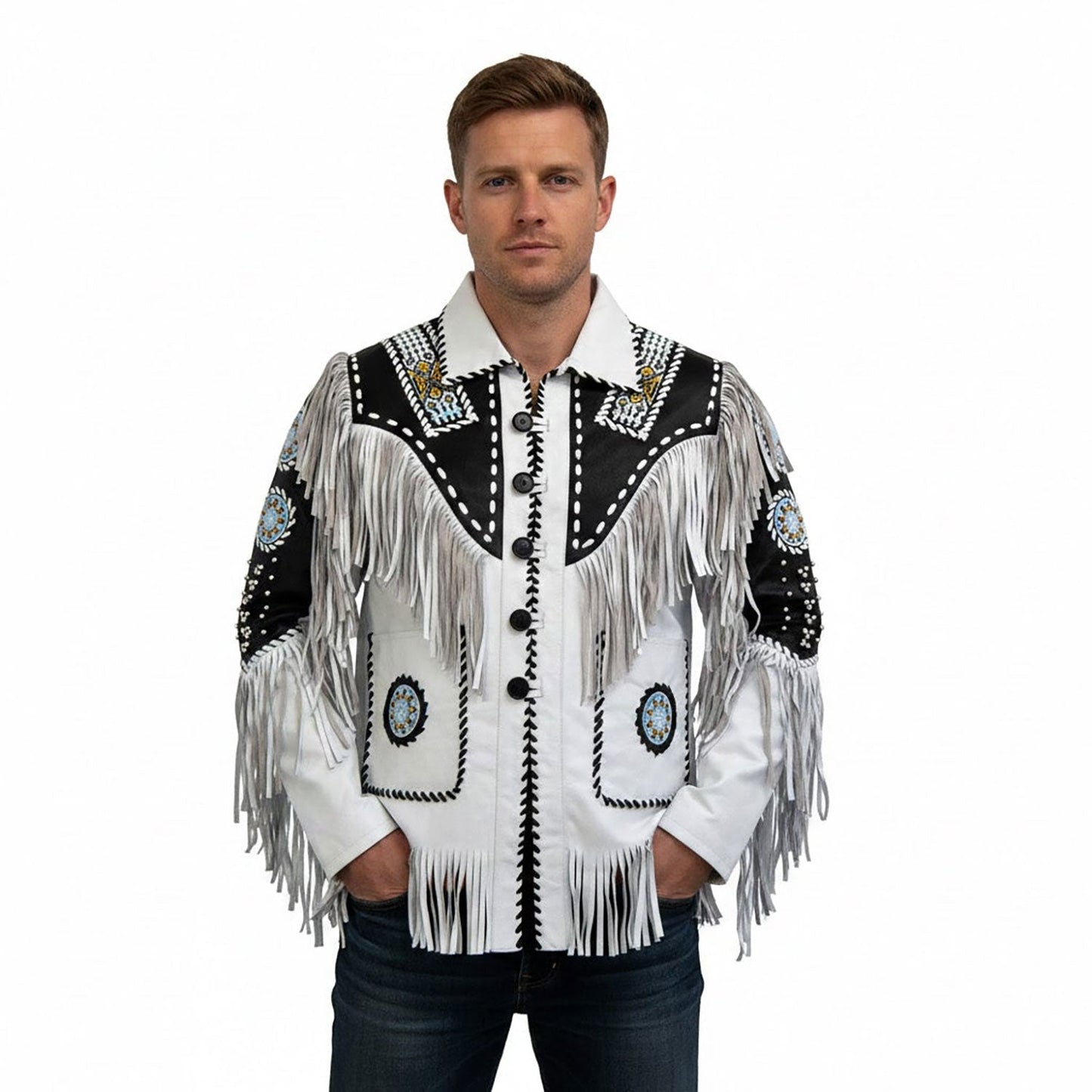 White Western Fringe Beaded Leather Cowboy Jacket NLS-045