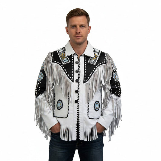 White Western Fringe Beaded Leather Cowboy Jacket NLS-045