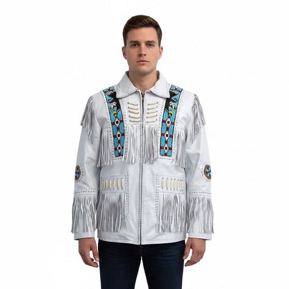 White Western Fringe Eagle Beaded Leather Cowboy Jacket NLS-043