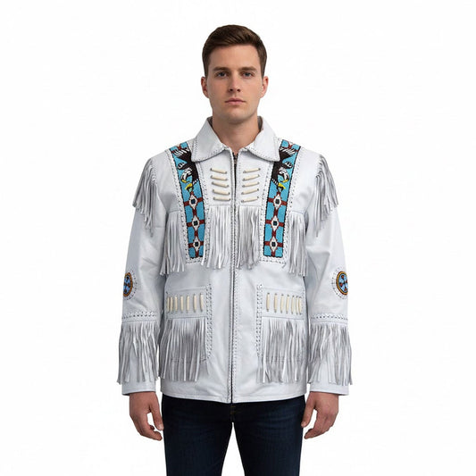 White Western Fringe Eagle Beaded Leather Cowboy Jacket NLS-043