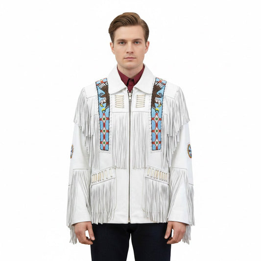White Western Fringe Eagle Beaded Leather Cowboy Jacket NLS-044