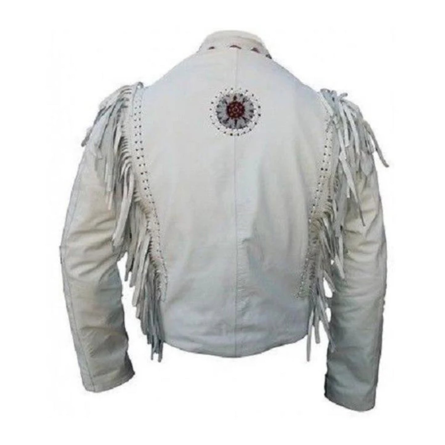 White Western Leather Fringe Bone Beaded Leather Cowboy Jacket NLS-038
