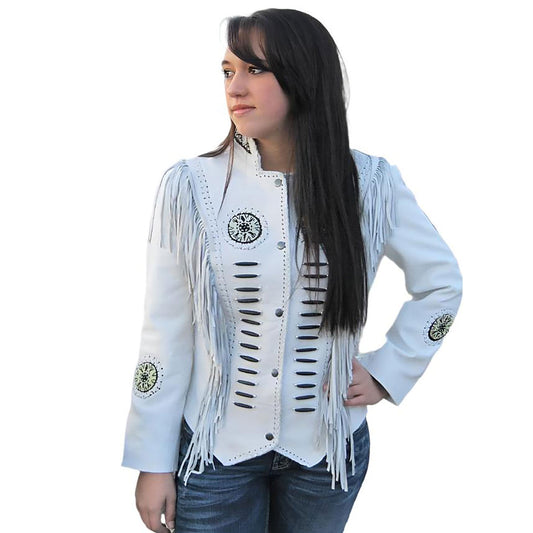 Beige Women’s Western Fringe Leather Jacket NLS-021