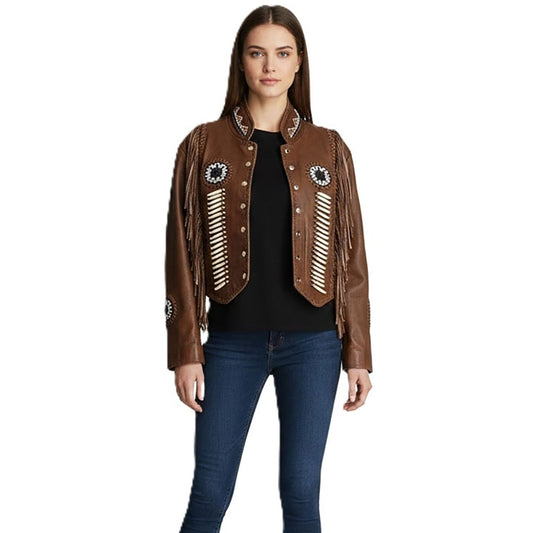 Women’s Western Beaded Fringe & Bones Leather Jacket NLS-025