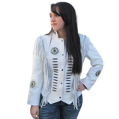 Women’s Western Beaded Fringe & Bones Leather Jacket NLS-025