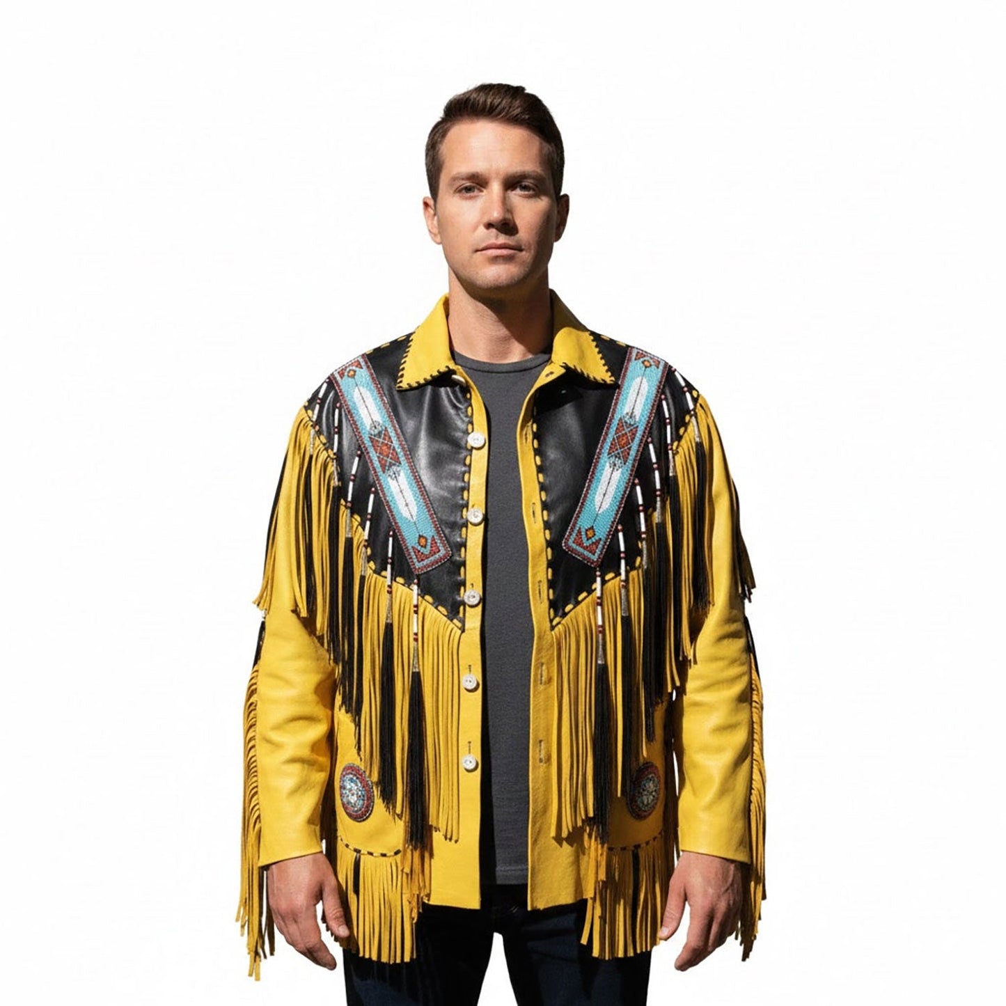 Yellow Western Fringe Beaded Leather Cowboy Jacket NLS-036