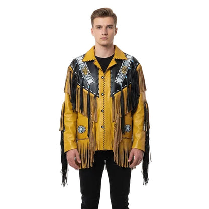 Yellow Western Fringe Beaded Leather Cowboy Jacket NLS-037