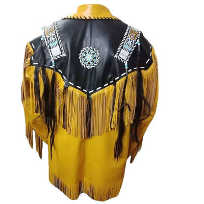 Yellow Western Fringe Beaded Leather Cowboy Jacket NLS-037