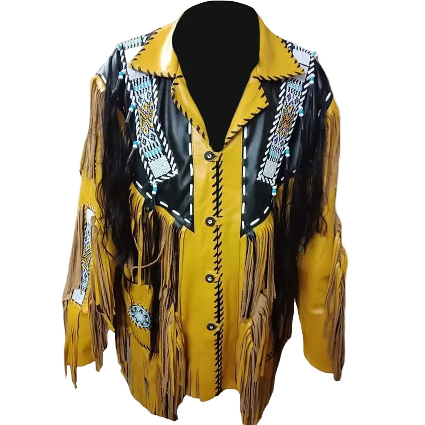 Yellow Western Fringe Beaded Leather Cowboy Jacket NLS-037