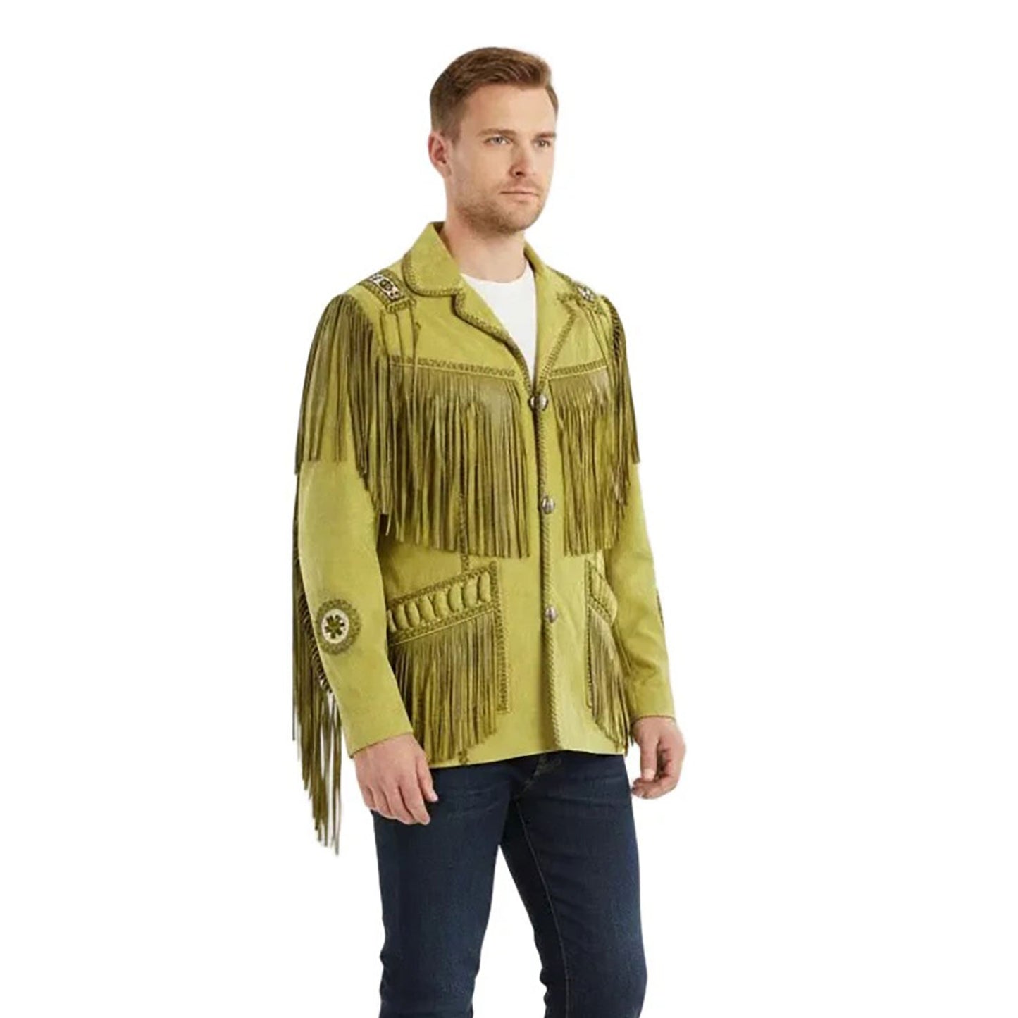 Yellow Western Fringe Leather Beaded Cowboy Jacket NLS-066