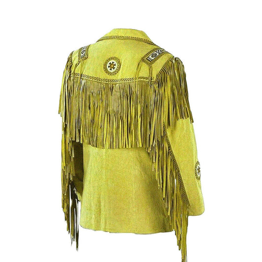 Yellow Western Fringe Leather Beaded Cowboy Jacket NLS-066