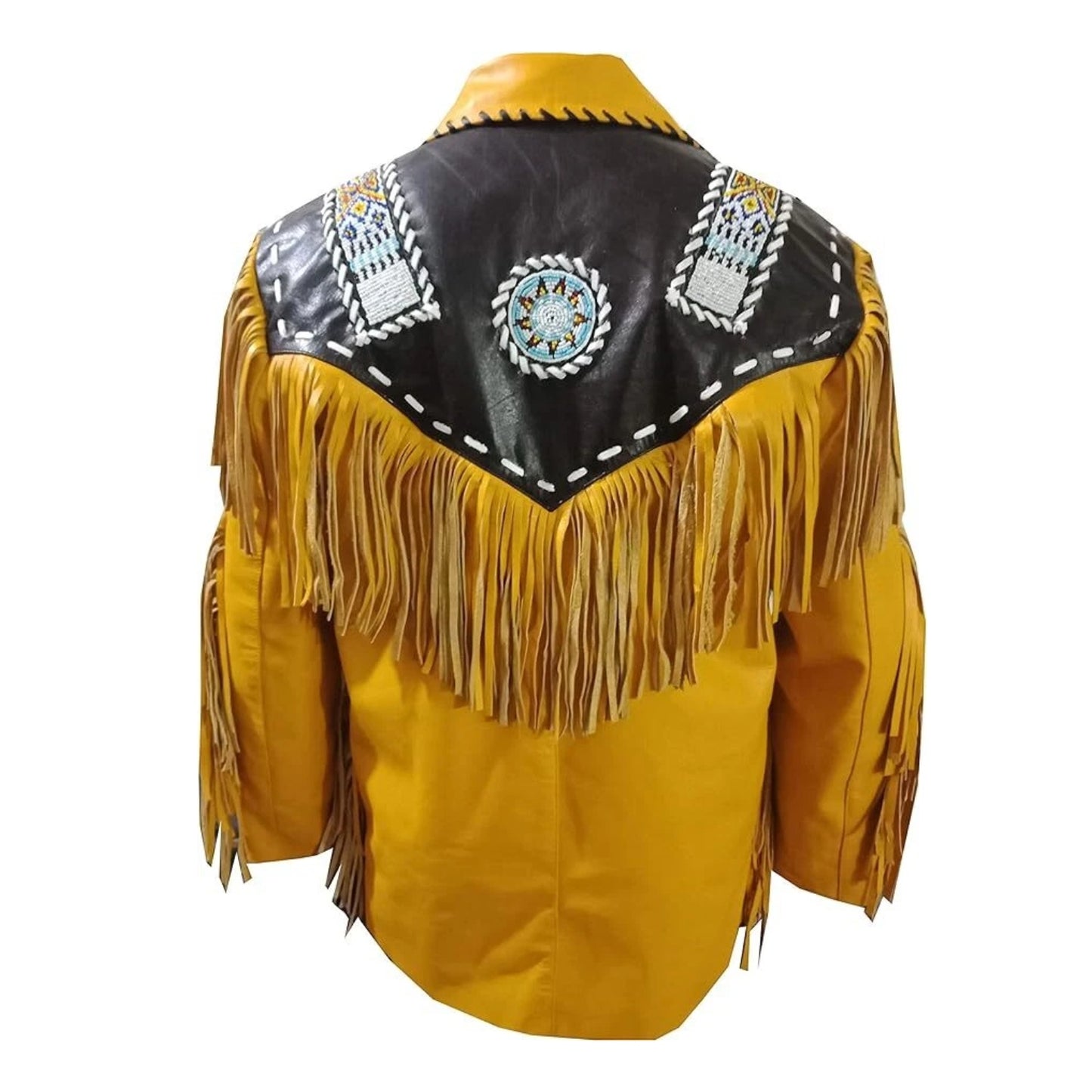 Yellow Western Fringe Beaded Leather Cowboy Jacket NLS-036