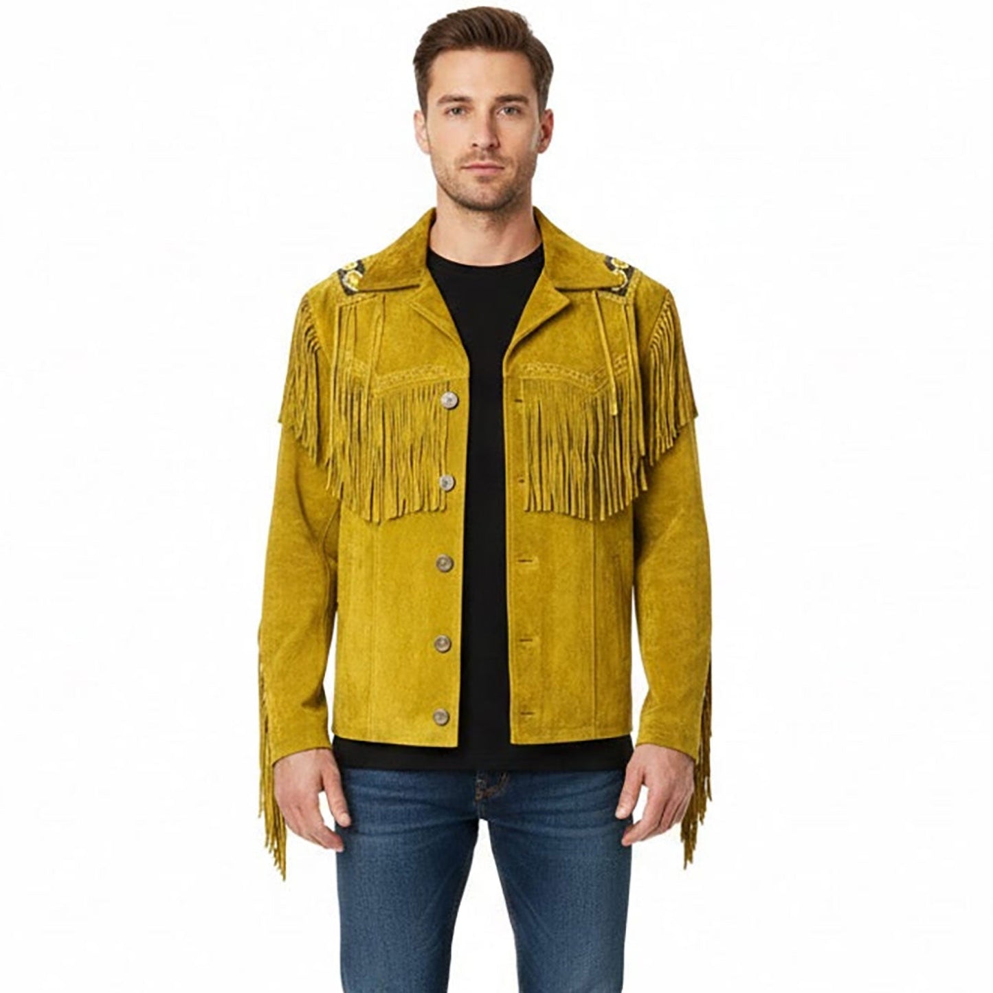 Yellow Western Fringe Beaded Suede Leather Cowboy Jacket NLS-033