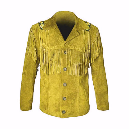 Yellow suede jacket with fringes and buttons - Native Leather Shop