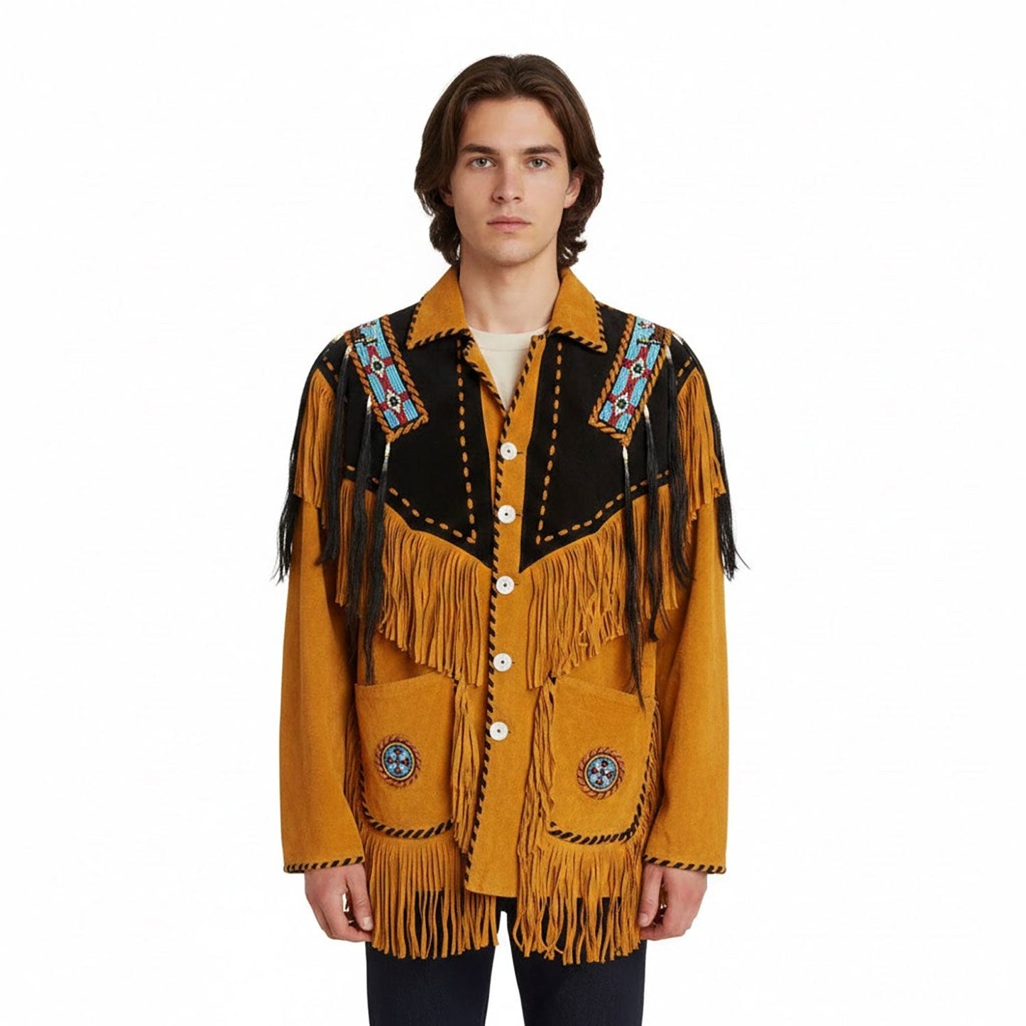 Yellow Western Fringe Beaded Suede Leather Cowboy Jacket NLS-034