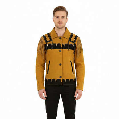 Yellow Western Fringe Bone Suede Leather Cowboy Jacket NLS-032